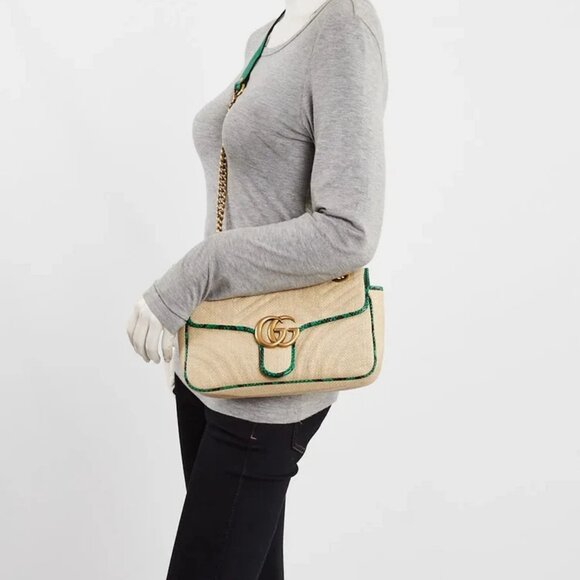 Gucci Natural Raffia and Green Snakeskin GG Marmont Small Matelasse Shoulder Bag - Picture 2 of 11